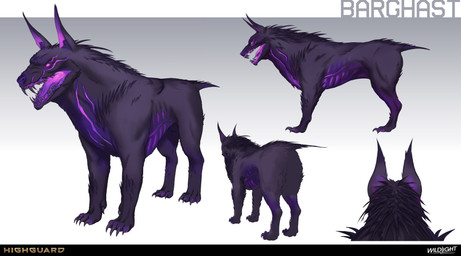 4_toes ambiguous_feral ambiguous_gender black_body black_claws black_fur black_inner_ear_fluff black_tail black_teeth blue_nose chest_scar claws company_name feet feral fur fur_markings furrowed_eyebrows gradient_background gums inner_ear_fluff leg_markings light long_fangs markings multicolored_body multicolored_fur multicolored_tongue no_eyebrows no_pupils nude nude_ambiguous open_mouth paws purple_eyes purple_gums purple_inner_ear purple_markings purple_scar purple_tail purple_tongue quadruped scar sharp_teeth simple_background solo standing tail teeth text toe_claws toes tongue tuft turnaround two_tone_tail nicholas_patrick_kelana highguard_(game) barghast_(highguard) canid canid_demon demon mammal 2026 absurd_res colored concept_art digital_drawing_(artwork) digital_media_(artwork) english_description english_text hi_res lighting official_art shaded url