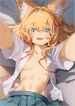 absurd_res accessory anthro blonde_hair blue_eyes blush blush_lines bodily_fluids bottomwear breasts canid canine choual clothed clothing eyebrow_through_hair eyebrows fangs female fox hair hair_accessory hair_ribbon hi_res inner_ear_fluff kemono looking_at_viewer mammal navel no_bra open_clothing open_mouth open_shirt open_smile open_topwear ribbons shirt skirt small_breasts smile smiling_at_viewer solo sweat tan_body teeth topwear translucent translucent_hair tuft white_inner_ear_fluff