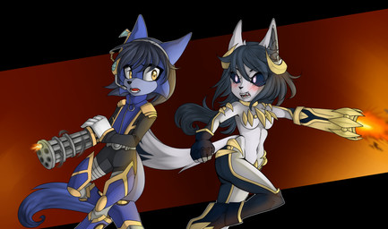 amber_eyes angry anthro arm_cannon armor belt black_hair blue_body blush boots breasts clothed clothed_anthro clothed_male clothing duo electronics featureless_breasts female fingerless_gloves flustered footwear fully_clothed fully_clothed_anthro fully_clothed_male gatling_gun gloves gun gun_arm hair handwear headgear headphones headset horn legwear long_hair machine_gun male minigun muzzle_flash open_mouth partially_clothed pointy_ears ranged_weapon shoes suit weapon weapon_arm white_body niitre captain_skylar_(bonjolasermaster) elore_the_fox_(bonjolasermaster) canid canine canis fox jackal mammal hi_res