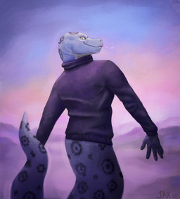 5_fingers anthro apode black_eyes bottomless clothed clothing fingers grey_body grey_scales legless looking_at_viewer looking_back male pupils purple_clothing purple_shirt purple_topwear rear_view scales serpentine shirt shirt_only slit_pupils smile solo sweater tail tongue tongue_out topwear topwear_only turtleneck yellow_sclera theblueprussian minotaur_hotel argos_(minotaur_hotel) draconcopode reptile scalie snake 2023 dated digital_drawing_(artwork) digital_media_(artwork) hi_res signature