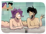 asian black_hair breasts butt convenient_censorship duo female female/female hair messy_hair nude open_mouth purple_hair scene_reference screencap_redraw shadow short_hair towel upper_teeth white_towel mrtv_studio comedy_central futurama amy_wong turanga_leela cyclops human humanoid mammal 4:3 hi_res