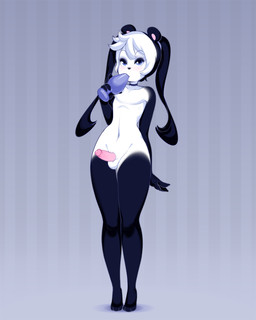 abstract_background anthro balls black_body black_fur black_hair blue_eyes buttplug buttplug_in_mouth choker erection femboy fur genitals gloves_(marking) hair humanoid_genitalia humanoid_penis jewelry leg_markings male markings navel necklace nude oral oral_penetration penetration penis pigtails plug_(sex_toy) seductive sex_toy sex_toy_in_mouth sex_toy_insertion small_waist socks_(marking) solo standing white_body white_fur white_hair miu quinn_(miu) bear giant_panda mammal 2024 4:5 hi_res