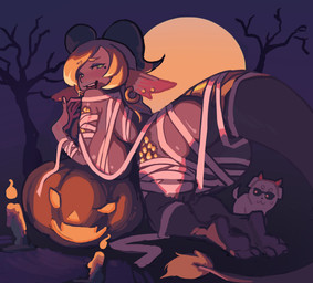 2_horns bent_over big_breasts big_butt big_ears blonde_eyebrows blonde_hair breasts brown_body brown_skin butt candle candlelight candlestick dead_tree ear_piercing ear_ring eyebrows eyeshadow eyewear fake_horns feet female female_humanoid fingers food fruit full_moon fur hair head_horn holidays horn jack-o'-lantern light looking_back makeup mole_under_eye moon mummy_wrappings open_mouth open_smile piercing plant presenting presenting_hindquarters pumpkin rear_view ring_piercing scales smile sunglasses tail tail_tuft toes tongue tongue_out tree tuft white_body white_fur white_tail piku184 halloween mythology pyrite_(ironbunz) animal_humanoid canid canine canis domestic_dog dragon dragon_humanoid horned_humanoid humanoid mammal mythological_creature mythological_scalie scalie 2023 digital_media_(artwork) hi_res lighting portrait