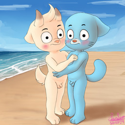 animal_ears balls beach blue_body blue_fur blush bovid_horn caprine_horn cat_tail cloud day duo embarrassed flaccid fur genitals goat_ears goat_horn goat_tail horn hug looking_at_viewer male male_focus mouth_closed nude nude_male outdoor_nudity outside penis public public_nudity sand sea shota sky small_penis standing tail tan_body tan_fur water whiskers young sambirum cartoon_network the_amazing_world_of_gumball chi_chi gumball_watterson bovid caprine domestic_cat felid feline felis goat mammal 1:1