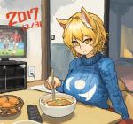 ball blonde_hair chopsticks clothed clothing electronics female food hair inner_ear_fluff male multi_tail pupils short_hair slit_pupils soccer soccer_ball solo soup sport sweater tail television topwear tuft turtleneck yellow_eyes chanta touhou mononobe_no_futo ran_yakumo animal_humanoid canid canid_humanoid canine canine_humanoid fox_humanoid human humanoid mammal mammal_humanoid 2017 digital_media_(artwork) hi_res shaded