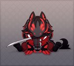 ambiguous_gender anthro armor blade bottomwear chibi claws clothing front_view gauntlets geometric_background gloves glowing glowing_eyes handwear jacket katana machine melee_weapon multi_ear multi_eye pants paws simple_background solo sword tail topwear weapon zegzagun protogen hi_res