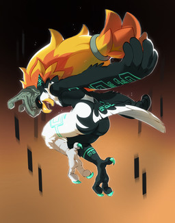 alternate_species anthro armor avian_feet beak black_body black_feathers butt claws clothing feather_hands feathers female furrification fused_shadow hair headgear headwear helmet long_hair looking_at_viewer looking_back looking_back_at_viewer orange_hair red_eyes smile solo tail tail_feathers toe_claws ultramarinaa nintendo the_legend_of_zelda twilight_princess midna avian bird rito hi_res