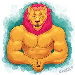 anthro facial_hair fur male mane multicolored_mane muscular muscular_male one_eye_closed pink_eyes pink_mane solo sparkles two_tone_mane wink yellow_body yellow_fur cowardlion felid lion mammal pantherine 1:1 half-length_portrait portrait