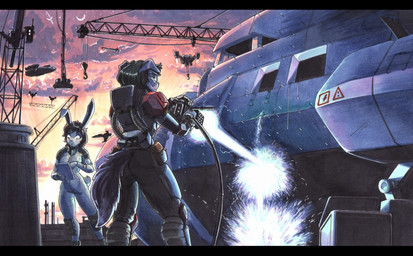 amazing_background anthro big_breasts biped black_hair breasts brown_hair butt clothed clothing cloud crane_(machine) detailed_background duo female fluffy fluffy_tail front_view fully_clothed hair long_ears outside rear_view science_fiction spacecraft spacesuit sunset tail thick_thighs vehicle welding ewgengster canid canine lagomorph mammal absurd_res detailed hi_res letterbox traditional_media_(artwork)