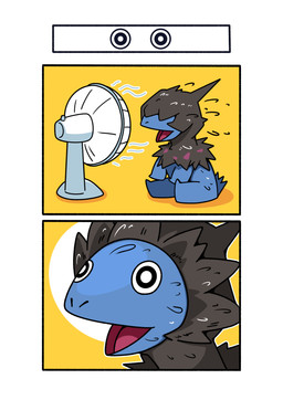 ambiguous_gender black_body black_fur blue_body feral fur open_mouth rotary_fan round_eyes sitting solo avhycch3x80kcue nintendo pokemon deino generation_5_pokemon pokemon_(species) absurd_res comic hi_res