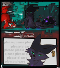 black_body black_fur black_nose dialogue female feral fur green_eyes male pawpads purple_pawpads red_body red_fur text hyilpi microsoft minecraft mojang xbox_game_studios endy_(hyilpi) vixy_(hyilpi) canid canine fox mammal comic english_text