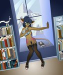 accessory anthro blue_hair blue_pubes book brown_body brown_fur clothing eyewear female footwear fur garter glasses green_eyes hair library navel nipples pink_nose pubes shoes solo chromatophore dewey_teagarden mammal mouse murid murine rodent hi_res