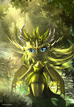 blue_eyes chibi clothed clothing detailed_background dress eyebrows eyelashes female hair horn leaf long_hair outside smile solo wings telleryspyro mythology dragon mythological_creature mythological_scalie scalie 2021 digital_media_(artwork) hi_res yellow_theme