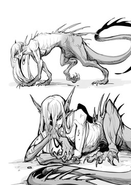 ambiguous_gender back_spines claws feral finger_claws front_view furrowed_eyebrows hair hand_lick humanoid_face licking long_ears long_hair looking_aside looking_at_viewer lying mouth_closed multiple_poses pointy_ears pose quadruped self_lick side_view simple_background solo spines standing tail_spines toe_claws tongue white_background chiayeeee monster 2018 digital_drawing_(artwork) digital_media_(artwork) full-length_portrait greyscale monochrome portrait