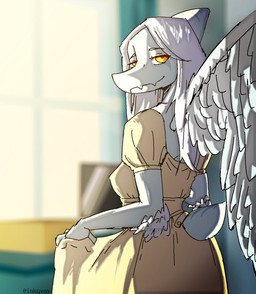 amber_eyes anthro blue_body blurred_background bone_frill clothed clothed_anthro clothed_female clothing detailed_background dress elbow_feathers feathered_wings feathers female fingers frill_(anatomy) hair happy head_turned humanoid_hands long_hair looking_at_viewer looking_back markings narrowed_eyes rear_view short_tail smile solo striped_markings stripes tail white_body white_feathers white_hair window wings yellow_clothing yellow_dress inkyvex cavemanon_studios goodbye_volcano_high ko_op_(game_developer) snoot_game fang_(gvh) prehistoric_species pterosaur reptile scalie colored half-length_portrait hi_res portrait shaded watermark