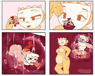 abdominal_bulge anthro balls bodily_fluids clenched_teeth container cum cum_in_stomach cum_inside cup duo ejaculation erection female food genital_fluids genitals giantess_vore glans inside_stomach macro male male/female nipples nude penis shrimp_(food) shrimp_tail tea_cup teeth vore woollendarling blushcrunch_studio dandy's_world roblox shrimpo_(dandy's_world) teagan_(dandy's_world) humanoid comic hi_res