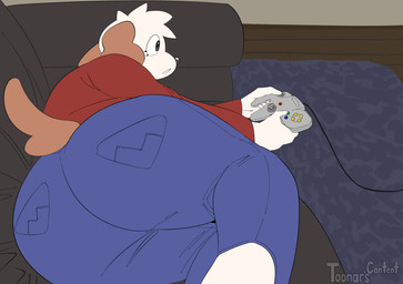 anthro big_butt biped bottomwear butt clothed clothed_anthro clothed_female clothing controller female female_anthro game_controller gaming lying on_side pants pose rear_view text toonarscontent nintendo nintendo_64 roxy_boxen canid canine canis domestic_dog mammal absurd_res artist_name digital_drawing_(artwork) digital_media_(artwork) english_text hi_res portrait three-quarter_portrait