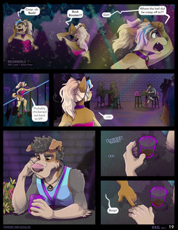 anthro beverage black_hair blonde_hair boop brown_nose dialogue duo_focus fangs fur grey_body grey_fur grey_nose group hair male nightclub sigh speech_bubble tan_body tan_fur teeth text jackaloo mark_mcmurphy river_lakes canid canine canis domestic_dog mammal comic english_text hi_res nonbinary_(lore)