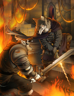 anthro biped clothed clothed_anthro clothed_male clothing detailed_background duo fight fire male melee_weapon sword sword_fight weapon alexjohnsonart canid canine canis mammal wolf colored hi_res signature