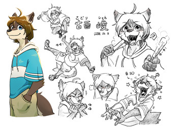 anthro bangs black_nose blue_clothing blue_eyes blue_hoodie blue_topwear brown_body brown_fur brown_hair clothed clothing controller countershade_face countershade_tail countershade_torso countershading food footwear fully_clothed fur game_controller hair hand_in_pocket hoodie kemono khaki_shorts looking_at_viewer male multicolored_body multicolored_fur pockets popsicle sandals shoes simple_background smile solo speech_bubble star tail tan_body tan_countershading tan_fur text topwear two_tone_body two_tone_fur white_background fox_cosmor morenatsu shun_kodori canid canine canis mammal wolf 2025 dated hi_res japanese_text multiple_images sketch