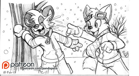anthro bottomwear clothed clothing duo eyes_closed eyewear eyewear_on_head fangs glistening glistening_eyes goggles goggles_on_head holding_snowball jacket logo male open_mouth open_smile outside pants patreon_logo scarf smile snow snowball_fight snowing standing teeth text topwear young young_anthro young_male pandapaco patreon parinton bear canid canine giant_panda mammal 2017 artist_logo dated signature spot_color url