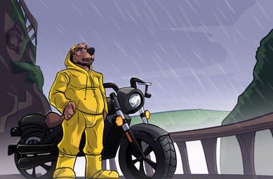 anthro clothing coat male male_anthro motorcycle outside raincoat raining solo topwear vehicle thekinkybear absurd_res hi_res