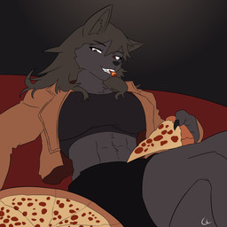 abs anthro black_hair breasts ears_up eating eating_food female food fur furniture grey_body grey_fur hair inside muscular muscular_anthro muscular_female on_sofa pizza sitting sitting_on_sofa smile sofa solo teeth teeth_showing gorgonwriting freya_(gorgonwriting) canid canine canis mammal wolf 1:1 absurd_res hi_res