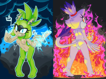 anthro anus breasts butt cloud duo ear_piercing ear_ring electricity elemental_manipulation feet female fire fire_manipulation genitals glowing glowing_eyes grin hair lightning nude nude_female piercing ponytail ring_piercing sharp_teeth smile tail teeth vulva junebug69 idw_publishing sega sonic_the_hedgehog_(comics) sonic_the_hedgehog_(idw) sonic_the_hedgehog_(series) blaze_the_cat surge_the_tenrec afrosoricid domestic_cat felid feline felis mammal tenrec 2025