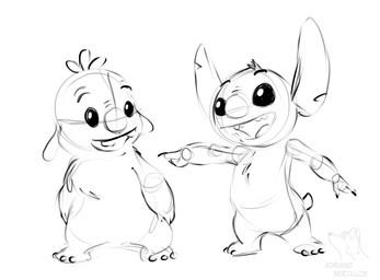 3_toes ambiguous_gender antennae_(anatomy) buckteeth chest_tuft duo feet gesture hand_gesture head_tuft looking_at_another notched_ear open_mouth open_smile pointing simple_background smile standing teeth toes tuft white_background adriano_berjillos disney lilo_and_stitch reuben_(lilo_and_stitch) stitch_(lilo_and_stitch) alien experiment_(lilo_and_stitch) 2022 greyscale monochrome sketch watermark male_(lore)