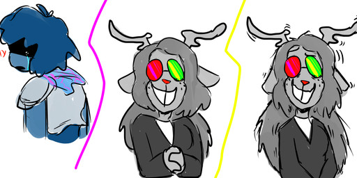 3koma anthro antlers bodily_fluids business_suit capelet clothing cuirass female freckles fusion grey_hair hair heterochromatic_glasses horn shuddering solo suit tears text anonymous_artist deltarune undertale_(series) fan_character kris_dreemurr noelle_holiday spamelle spamton_g._spamton deer mammal new_world_deer reindeer