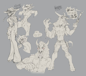 abs anthro asymmetrical_arms big_arms big_teeth biped blush bone breasts bullet_belt bullet_wound chest_scar cigarette clothed clothing cloven_hooves collar cowboy cowboy_hat crotch_tuft duo female genitals gun handgun hat headgear headwear holding_gun holding_handgun holding_object holding_ranged_weapon holding_weapon hooves horn humanoid_genitalia humanoid_vulva inviting jacket long_tongue male male/female medium_breasts muscular muscular_male navel nude nude_female object_in_mouth piercing ranged_weapon ruff scar sharp_teeth simple_background skull skull_head slim_female small_hips small_waist smoke smoking smoking_cigarette spikes spikes_(anatomy) teeth text thick_thighs tongue tongue_piercing topless topless_male topwear tuft vulva weapon wheat wheat_in_mouth proxicute wybeborne american_mythology indigenous_north_american_mythology mythology north_american_mythology bovid caprine mammal sheep wendigo 2025 character_name greyscale hi_res model_sheet monochrome