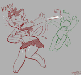 3_toes 4_fingers anthro avian_caruncle beak bell bell_collar bottomwear breasts clothing collar comb_(anatomy) cute_fangs duo eyes_closed fangs featureless_crotch feet female fingers gun handgun head_bow head_crest holding_gun holding_handgun holding_object holding_pistol holding_ranged_weapon holding_weapon male necktie onomatopoeia pistol ranged_weapon shirt skirt smile sound_effects teeth text thick_thighs toes topwear torn_clothing weapon felino miyu_(felino) aquatic avian bird catfish chicken fish galliform phasianid undead zombie 2025 hi_res sketch
