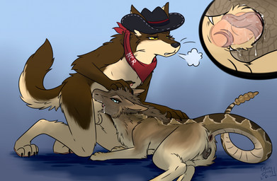 animal_genitalia animal_penis animal_vulva anthro anthro_on_feral anthro_penetrating anthro_penetrating_feral balls bestiality black_claws black_clothing black_hat black_headwear black_nose blue_eyes bodily_fluids breath brown_body brown_fur brown_tail canine_genitalia canine_penis canine_vulva claws clothing cowboy_hat cutaway duo erection_in_sheath fellatio fellatio_from_feral female female_feral female_on_anthro feral feral_penetrated forked_tongue fur genitals grey_balls grey_body grey_fur half-erect hand_on_head hat headgear headwear kerchief kneeling long_tongue looking_pleasured lying male male/female male_anthro male_on_feral mostly_nude neckerchief neckwear oral oral_penetration penetration penile penis penis_in_mouth red_kerchief red_neckerchief saliva sex sheath sheath_play sheath_suck simple_background tail tail_anus tan_body tan_fur text tongue tongue_around_penis tongue_in_sheath tongue_out tonguejob whiskers yellow_eyes muskydusky fallout microsoft canid canine canis mammal night_stalker_(fallout) pit_viper rattlesnake reptile scalie snake viper wolf artist_name hi_res