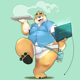 anthro briefs bulge clothing computer electronics food kemono male overweight overweight_anthro overweight_male pizza shirt simple_background solo tighty_whities topwear underwear white_briefs white_clothing white_underwear qqmelon888 canid canine canis domestic_dog mammal 1:1 2021 absurd_res hi_res