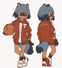 anthro ball basketball_(ball) bottomwear brown_body brown_fur clothed clothing female footwear fur grey_eyes grey_hair hair holding_ball holding_object jacket kemono letterman_jacket looking_aside shirt shoes shorts simple_background smile sneakers solo text text_on_clothing text_on_jacket text_on_topwear topwear white_background yagi_the_goat brand_new_animal studio_trigger michiru_kagemori canid canine mammal raccoon_dog tanuki english_text