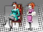 anthro breasts cleavage clothed clothing duo eyewear female footwear glasses hair high_heels legwear long_hair looking_at_viewer shoes sitting smile standing stockings thigh_highs neosavias canid canine canis domestic_dog mammal poodle