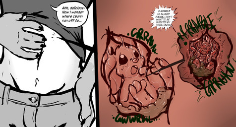 ambiguous_gender ambiguous_pred ambiguous_prey anthro anthro_pred bottomwear clothed clothed_anthro clothing dialogue digestion extreme_size_difference feral feral_pred feral_prey fully_inside group hand_on_belly inside_stomach male male_pred midriff onomatopoeia oral_vore pants recursive_vore rumbling_stomach scared shirt size_difference soft_vore sound_effects speech_bubble text topwear trio unaware_pred vore muhny sorrel_(muhny) mammal mouse murid murine rodent 2019 character_name digital_drawing_(artwork) digital_media_(artwork) english_description english_text hi_res restricted_palette