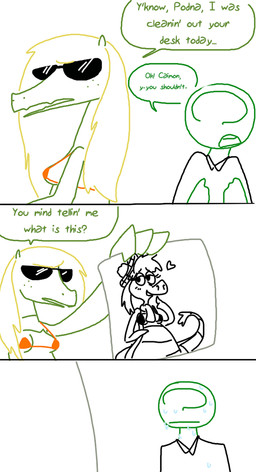 anthro bikini blonde_hair bodily_fluids breasts clothing dialogue duo eyewear female hair infidelity male nervous photo sunglasses sweat swimwear text two-piece_swimsuit the_weaver disney monstro_village mythology the_ballad_of_nessie anon caimon nessie_(disney) alligator alligatorid crocodilian dragon human mammal mythological_creature mythological_scalie reptile scalie english_text