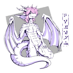 animal_genitalia anthro claws draconic_text erection femboy fluffy fluffy_ears fluffy_hair genital_slit genitals hair horn long_tail looking_at_viewer male markings nude penile penis pink_hair purple_body scale_markings scales shy slit_penis smile solo tail text tongue tongue_out wings hornyskull_(artist) bethesda_game_studios microsoft mythology skyrim the_elder_scrolls dragon mythological_creature mythological_scalie reptile scalie 1:1 hi_res