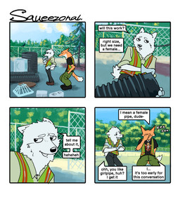 anthro bottomwear clothed clothed_anthro clothed_male clothing crossed_arms dialogue dialogue_box dipstick_tail duo ellipsis eyes_closed fence footwear fully_clothed fully_clothed_anthro fully_clothed_male fur hand_in_pocket laugh male markings orange_body orange_fur outside pants pipe plant pockets rolled_up_sleeves safety_vest shoes sky standing tail tail_markings text topwear tree vest white_body white_fur working hieronymusjohnson kilo_(hieronymusjohnson) squeez_(hieronymusjohnson) ambient_bird canid canine canis domestic_dog fox mammal nordic_sled_dog samoyed spitz 2026 aliasing binary_drawing comic digital_drawing_(artwork) digital_media_(artwork) english_text hi_res