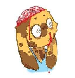 anthro blood blue_clothing blue_shirt blue_topwear bodily_fluids brain brown_body brown_fur clothing fur gore male male_anthro multicolored_body multicolored_fur nosebleed organs shirt simple_background solo spiral spiral_eyes topwear two_tone_body two_tone_fur white_background yellow_body yellow_fur bravobunny lagomorph leporid mammal rabbit bust_portrait portrait