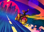 anthro city cityscape clothing fire gesture hand_gesture light_trail looking_at_viewer looking_back looking_back_at_viewer male moon motion_lines motorcycle motorcycle_helmet night outside plant solo synthwave thumbs_up tracksuit vehicle david_lillie felid mammal 2022 absurd_res hi_res