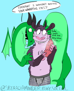 animal_genitalia anthro bulge clothed clothing dialogue duo feral fur genital_slit genitals grabbing_head green_body grin hand_on_arm holding_penis horn long_body looking_at_genitalia looking_at_penis male male/male musk musk_cloud penis purple_body seductive slightly_chubby smile text tickling underwear underwear_only wings srirachamander mythology monty_(srirachamander) dragon hybrid mythological_creature mythological_scalie scalie absurd_res english_text hi_res