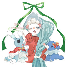 ambiguous_gender black_eyes blue_body blue_eyes blue_hair blush blush_lines bow_ribbon clothed clothed_feral clothing eyelashes eyes_closed fangs feral gem group hair holidays looking_at_viewer one_eye_closed open_mouth pearl_(gem) simple_background starfish_(accessory) sweater tail teeth text tongue topwear trio white_body beloved_siren christmas nintendo pokemon asterozoan brionne echinoderm generation_7_pokemon marine pokemon_(species) popplio primarina starfish 2025 english_text hi_res