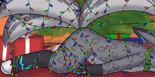 3_tails bound christmas_decorations christmas_lights christmas_tree collar electricity gift holidays lights lying male markings mistletoe multi_tail on_front plant snow solo tail tree window thederpydragon6 christmas ryou_(thederpydragon) aerideon animated hi_res