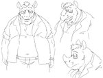 anthro belly bottomwear clothing eyewear facial_hair glasses horn kemono male overweight overweight_anthro overweight_male pants shirt simple_background solo topwear white_background train_(artist) mammal rhinoceros 2020 monochrome sketch