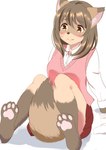 anthro barefoot biped blush bottomwear brown_hair clothing feet female hair kemono long_hair simple_background skirt solo tail tail_between_legs white_background roina canid canine fox mammal 2018