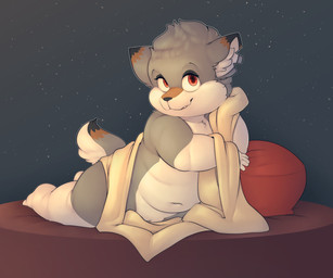 anthro barely_visible_genitalia barely_visible_vulva countershading eyelashes fangs female genitals grey_body loli looking_at_viewer multicolored_tail navel notched_ear overweight overweight_anthro overweight_female pillow posing_for_picture reclining red_eyes slightly_chubby slightly_chubby_female solo tail teeth toddler vulva young young_female battler ruby_lareme_(battler) canid canine canis mammal wolf absurd_res hi_res
