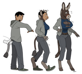 ambiguous_gender anthro base_one_layout basic_sequence big_breasts black_hair breast_growth breasts butt butt_expansion clothing disembodied_hand duo expansion female gender_transformation growth hair hooves human_to_anthro linear_sequence male mtf_transformation nipple_outline one_row_layout pin_the_tail_on_the_donkey simple_background solo_focus species_transformation three_frame_image three_frame_sequence torn_clothing transformation transformation_sequence white_background blackshirtboy rolo_the_donkey stajan asinus donkey equid equine human mammal 2016 absurd_res hi_res sequence