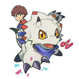 anthro chibi duo facial_horn horn kerchief male nose_horn simple_background white_background white_body yellow_eyes kyanos_(pixiv) bandai_namco digimon digimon_ghost_game hiro_amanokawa ceratopsian digimon_(species) dinosaur gammamon human mammal ornithischian prehistoric_species reptile scalie